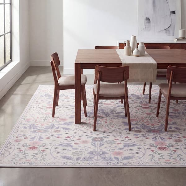 Primrose Art Nouveau Floral Border Machine-Washable Cream/Pink 8 ft. x 10 ft. Area Rug