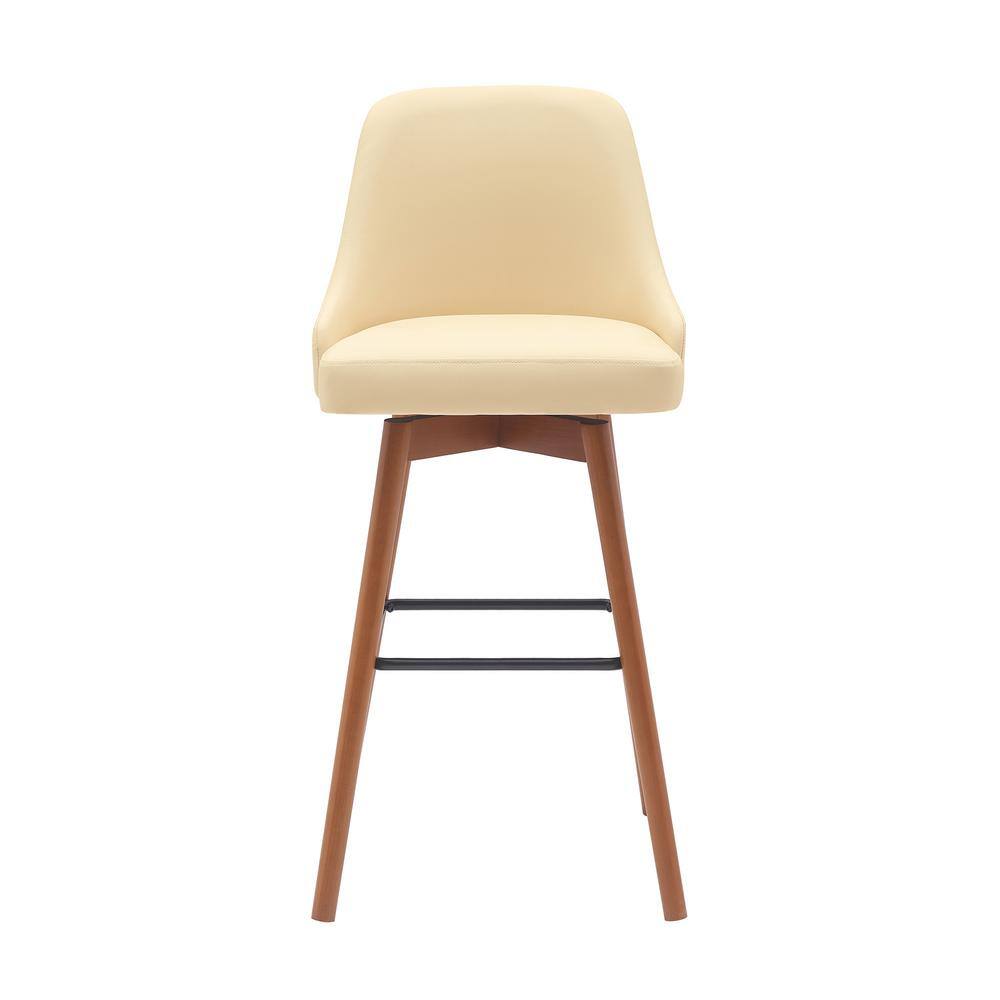 Sicily 30" Cream Faux Leather Walnut Wood Swivel Bar Stool