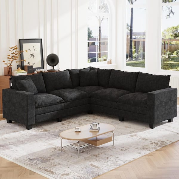 Darius 97 in. Chenille Upholstered L-Shaped Sectional Sofa in Black with Storage Armrests
