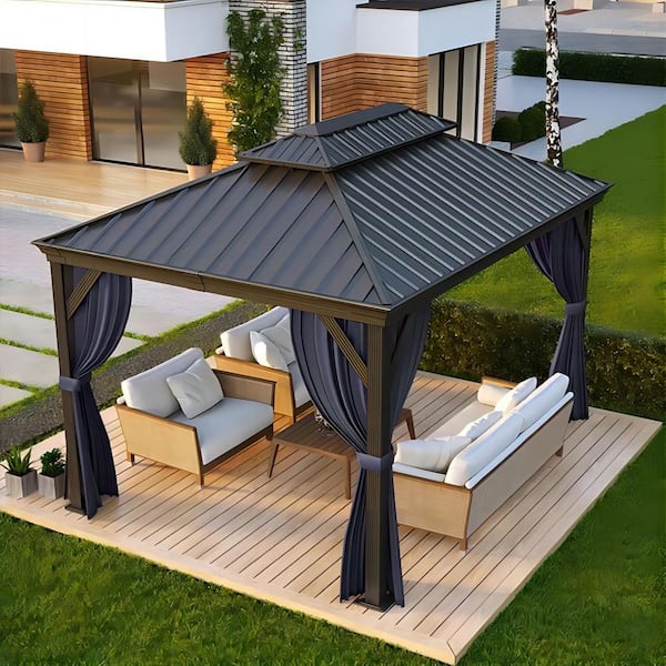 10 ft. x 12 ft. Luxury Patio Outdoor Gazebo for Backyard Hardtop Aluminum Frame with Hooks,Upgrade Blue Curtain