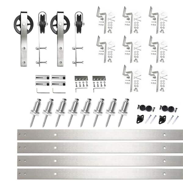 HOMACER 11 ft./132 in. Brushed Nickel Double Track Bypass Z-Shape Sliding Barn Door Hardware Kit - Spoke Wheel Design Roller