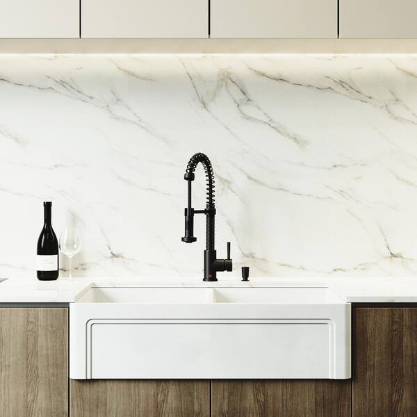 Vigo Matte Stone White Composite 36 In Double Bowl Farmhouse A Front Kitchen Sink With Strainers And Silicone Grids Vgra3618blslk1 Vigo Matte Stone White Composite 36 In, Marble Farmhouse Sink 36
