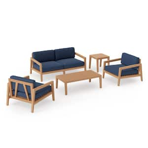 Rhodes 4-Seater 5-Piece Teak Outdoor Patio Conversation Set With Spectrum Indigo Cushions