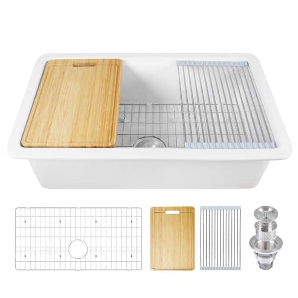 33 in. L x 19 in. W White Fireclay Rectangular Single Bowl Undermount Workstation Kitchen Sink with Accessories