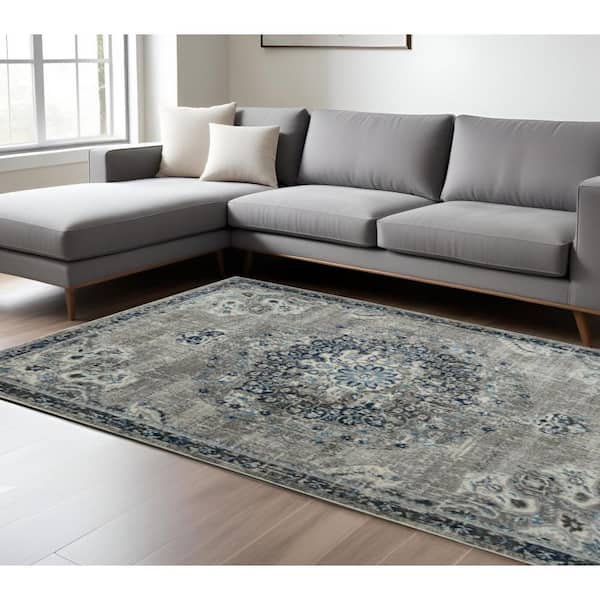 9 ft. x 12 ft. Teal Gray And Ivory Area Rug