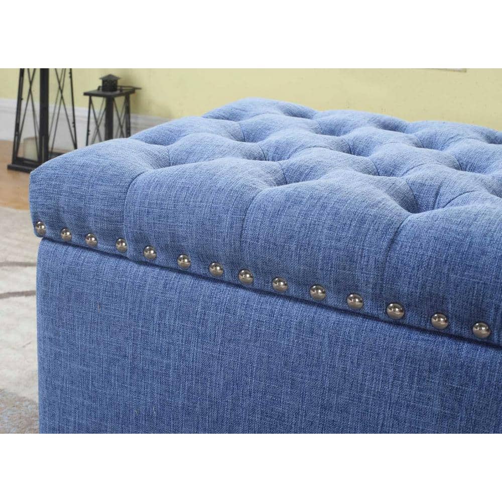 Blue Button Tufted Storage Ottoman with Nailhead Trim