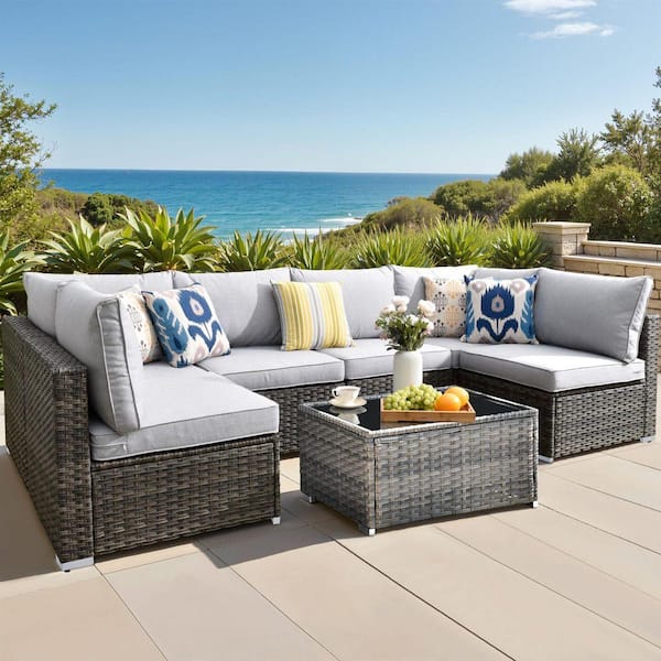 Maire Gray 7-Piece Wicker Outdoor Patio Conversation Sofa Seating Set with Light Gray Cushions