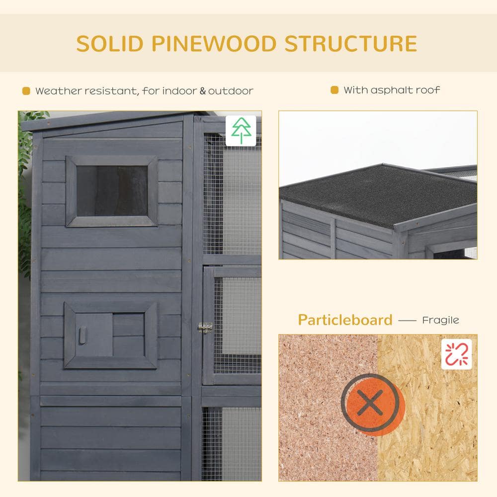 Gray Wooden Outdoor Cat House with Platforms and Ramps