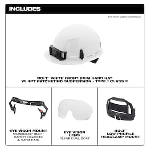 BOLT White Type 1 Class E Front Brim Non Vented Hard Hat w/4-Pt Ratcheting Suspension W/BOLT Clear Dual Coat Eye Visor