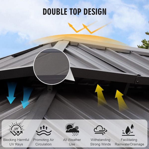 10 ft. x 14 ft. Aluminum Outdoor Gazebo Double Galvanized Steel Roof, Ceiling Hook, Mosquito Netting and Brown Curtains