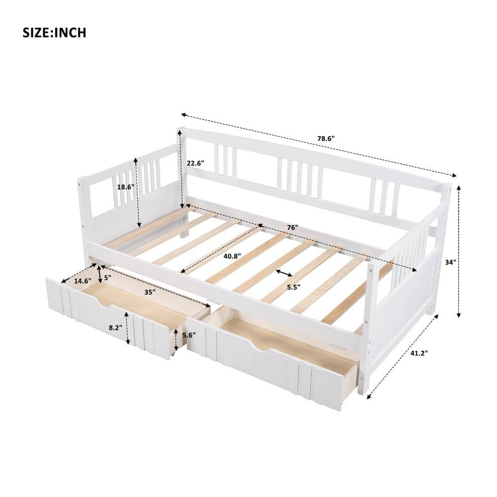 White Twin Size Pine Wood Daybed with 2 Drawers