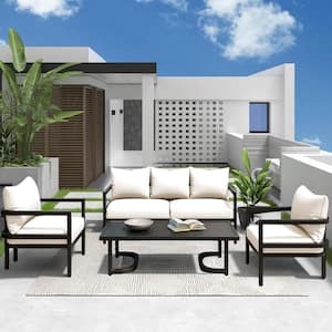 Multi-Person Sofa Set of 4-Piece Metal Outdoor Sectional Set with Beige Cushions Waterproof, Anti-Rust and Anti-UV