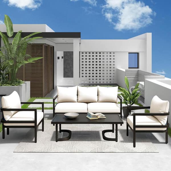 Unbranded Multi-Person Sofa Set of 4-Piece Metal Outdoor Sectional Set with Beige Cushions Waterproof, Anti-Rust and Anti-UV