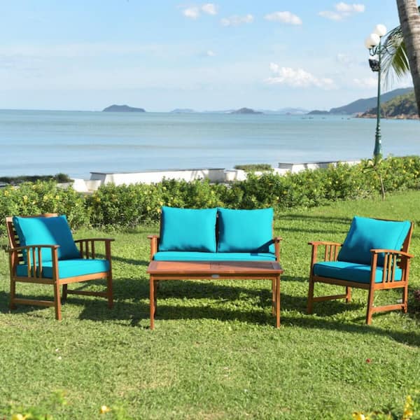 Kadehome 4-Piece Acacia Wood Patio Conversation Set with Green Cushions