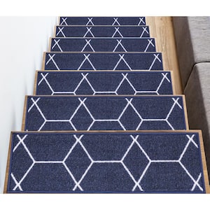 Hexagon Design Navy 8.5 in. x 26 in. Polyamide Stair Tread Cover Set 3