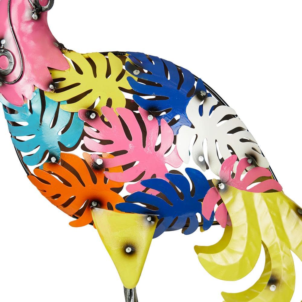 Colorful Metal Flamingo Garden Statue with Palm Leaf Design