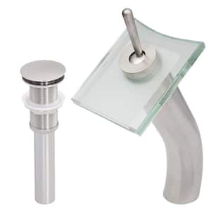 Square Single Hole Single-Handle Bathroom Waterfall Faucet with Drain and Assembly in Brushed Nickel and Clear Glass