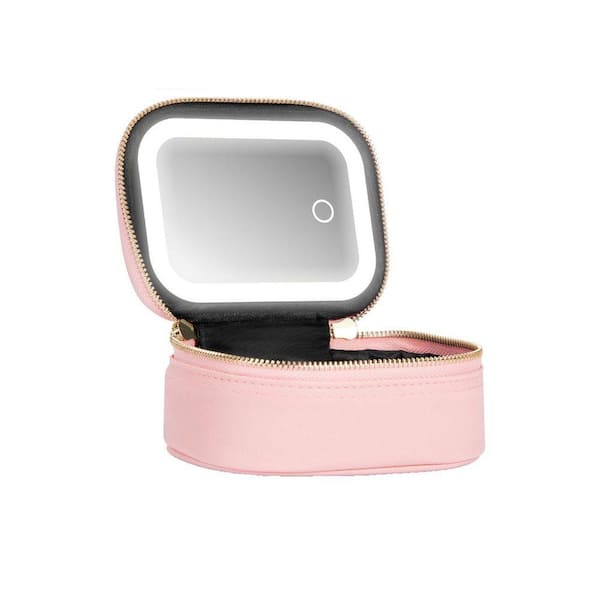 Black Mini Makeup Toiletry Bag with LED Mirror, 3 Light Modes Adjustable Brightness, Travel Cosmetic Organizer for Women