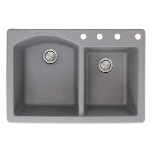Aversa Drop-in Granite 33 in. 4-Hole 1-3/4 D-Shape Double Bowl Kitchen Sink in Grey