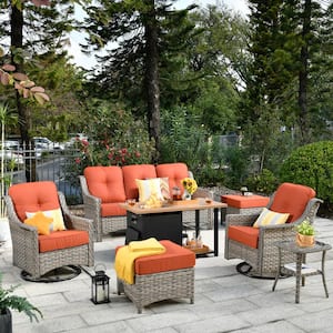 Tulip B Gray 7-Piece Wicker Patio Storage Fire Pit Conversation Set with Swivel Rocking Chairs and Orange Red Cushions
