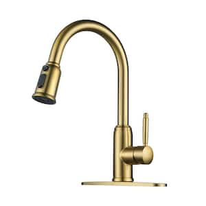 3-Spray Patterns Single Handle Pull Down Sprayer Kitchen Faucet with Deck Plate in Stainless Steel Brushed Gold