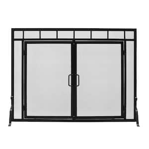 44 in. L Matte Black 1-Panel Sidelight Classic Fireplace Screen with Doors