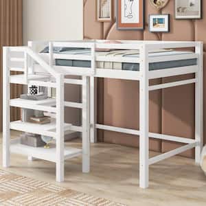 White Full Size Wood Loft Bed with Built-in Storage Staircase and Hanger for Clothes