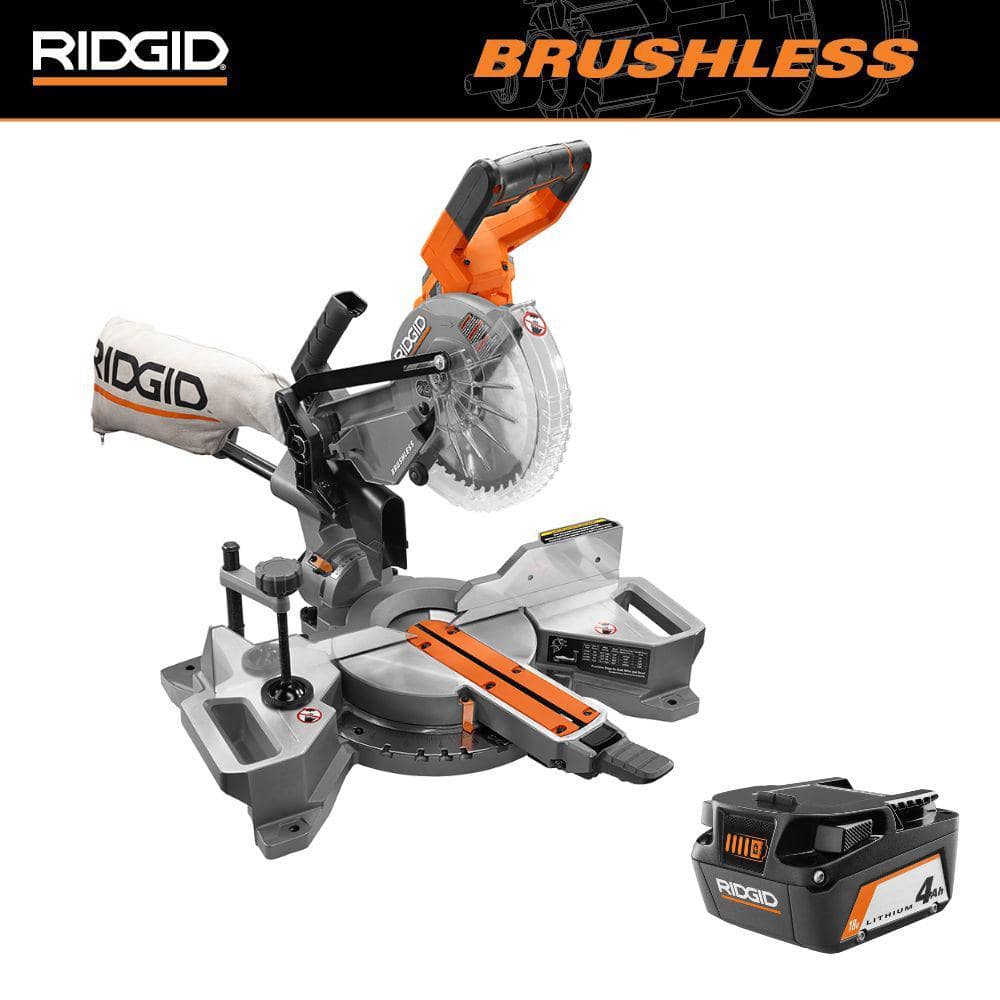 RIDGID 18V Brushless Cordless 7-1/4 in. Dual Bevel Sliding Miter Saw with 18V Lithium-Ion 4.0 Ah Battery -  R48607-R87004