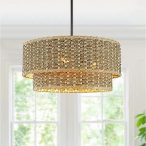 Sable 15 in. Convertible Modern 3-Light Tiered Rattan Chandelier Pendant, Coastal Semi-Flush Ceiling Light