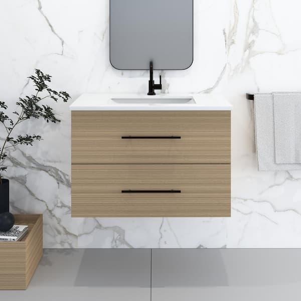 VOLPA USA AMERICAN CRAFTED VANITIES Napa 36" W x 22" D x 21-3/8" H Single Sink Bathroom Vanity Wall Mounted in Sand Pine with White Quartz Countertop