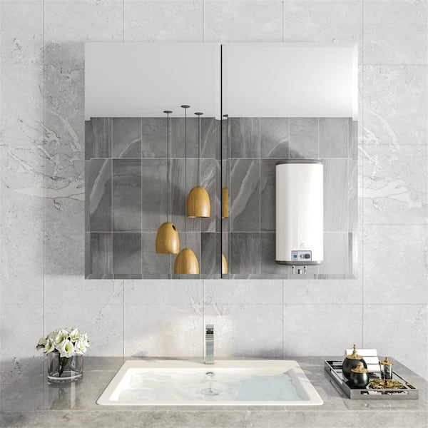 30 in. W x 26 in. H Silver Surface Mount Bi-View Bathroom Medicine Cabinet with Tempered Glass Adjustable shelves