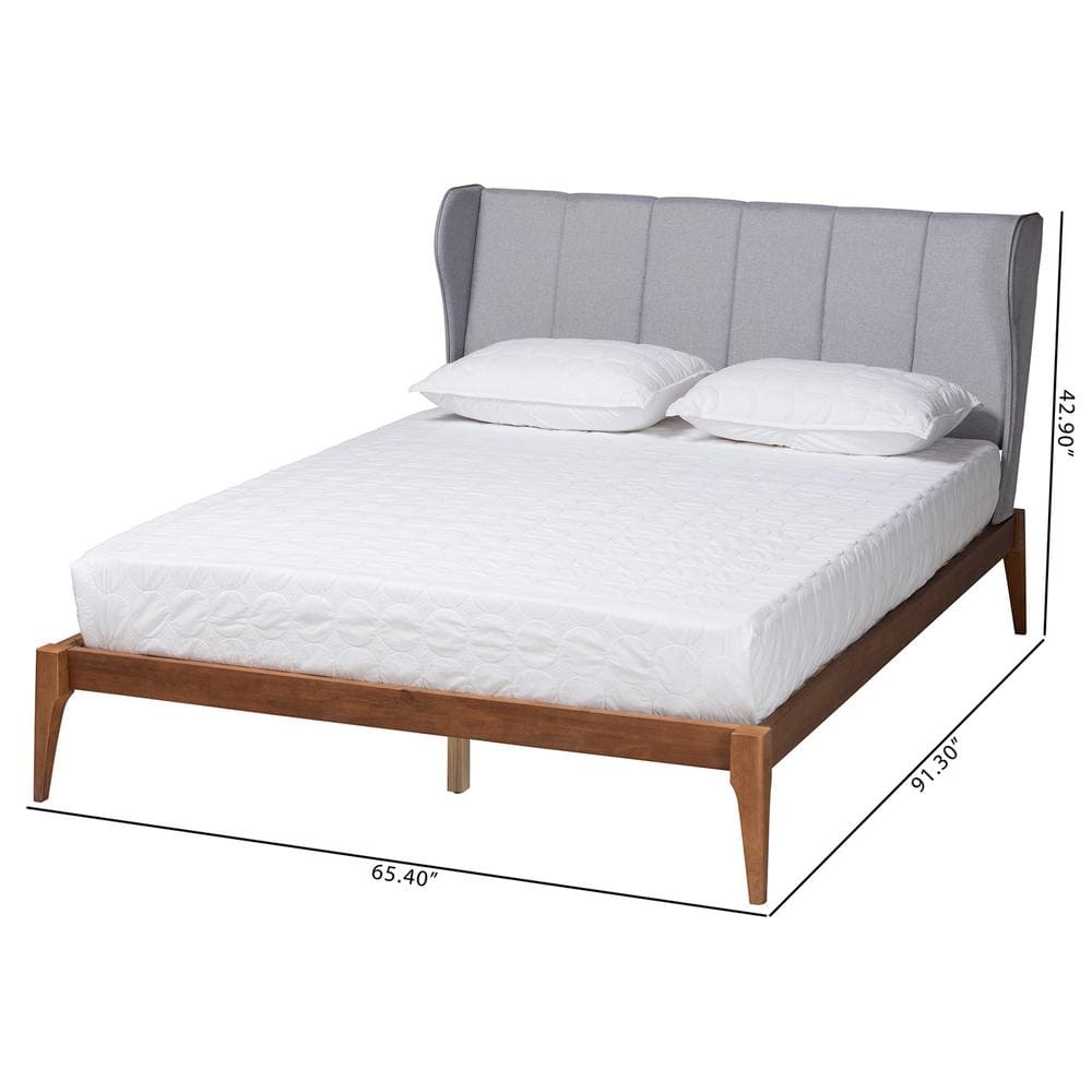 Royce Queen Walnut Wood Frame Gray Upholstered Wingback Bed