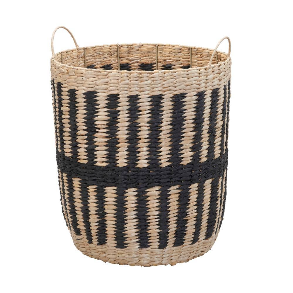Natural and Black Seagrass Woven Storage Basket with Handles