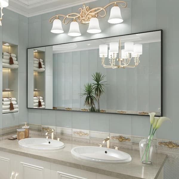 60 in. W x 28 in. H Aluminum Framed Rectangular Vanity Wall Mounted Mirror in Matte Black
