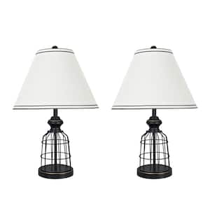 22 in. Matte Black Metal Wire Table Lamp with Empire Shaped Lamp Shade in Cream (2-Pack)
