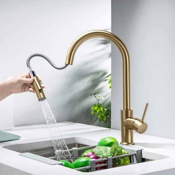 Single Handle Brushed Brass 16.5 in. H Pull Down Sprayer Kitchen Faucet With 360 ° Spout Swivel