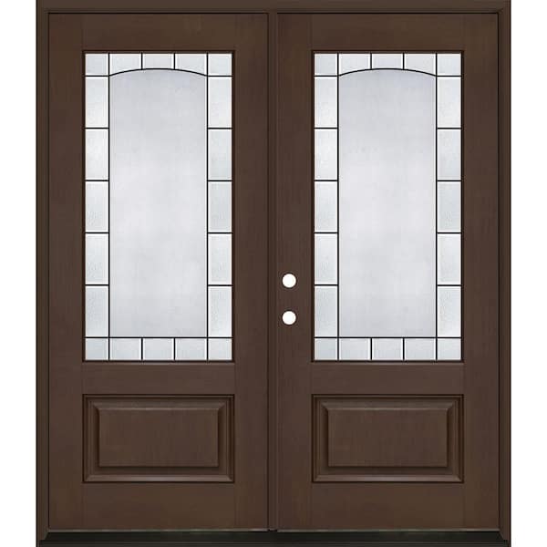 Regency 72 in. x 80 in. 3/4L Empire Decorative Glass RHIS Hickory Fiberglass Double Prehung Front Door with 6-9/16 Jamb