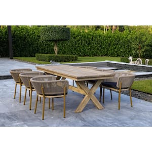 Santino + Melina Milk & Coffee 7-Piece Wood Rectangular Standard Height Outdoor Dining Set with Sunbrella Grey Cushions