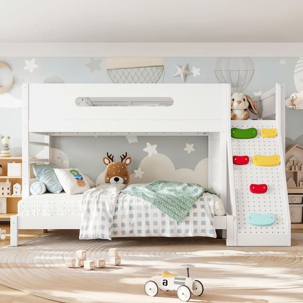 White Twin/Twin XL over Full Bunk Bed with Built-In Wardrobe,Storage Spaces and Guardrails