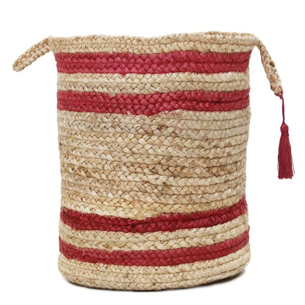 LR Home Amara Double Striped Natural Jute Tan / Red 19 in. Decorate Storage Basket with Handles