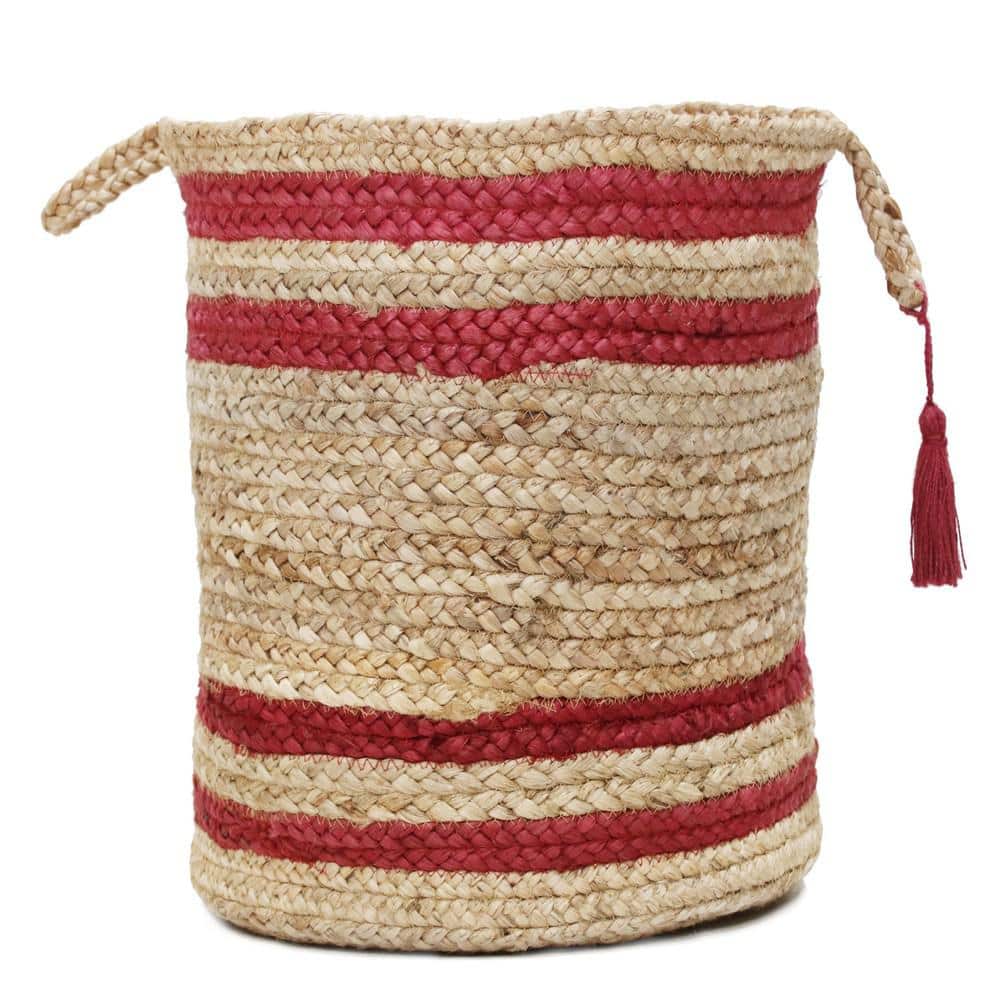 Amara Double Striped Natural Jute Tan / Red 17 in. Decorate Storage Basket 