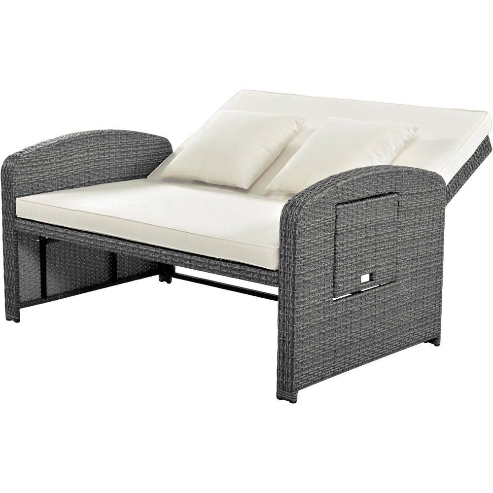 Gray PE Wicker Rattan Outdoor Double Chaise Lounge Reclining Daybed with Ad