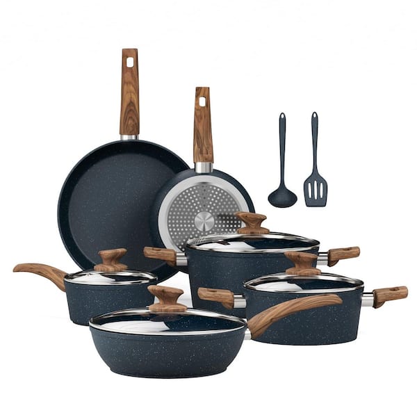 Pots and Pans Set Non Stick - 12 Piece Induction Kitchen Cookware Sets, Blue Granite Nonstick Cooking Pans Set