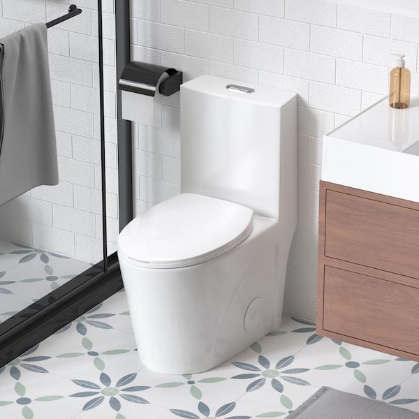 1-Piece 1.1/1.6 GPF Dual Flush Elongated Bowl Toilet in Glossy White Soft Close Seat Included