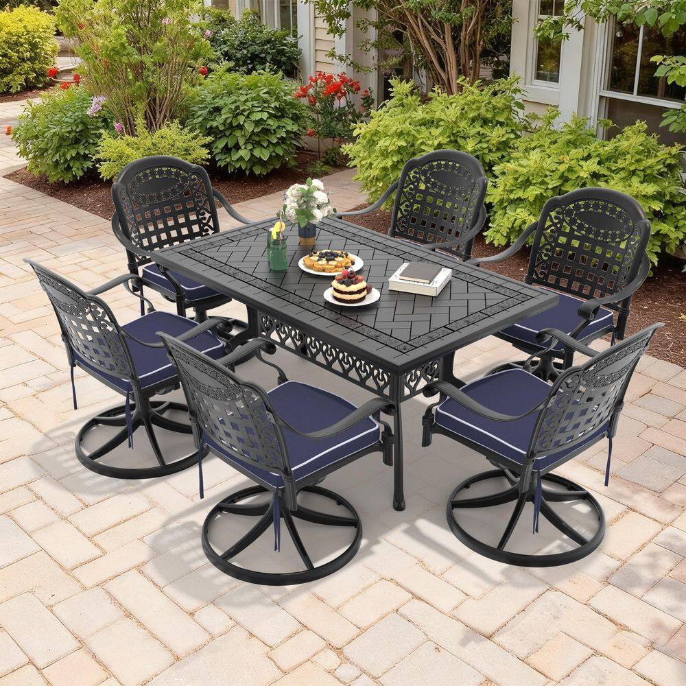 Black 7-Piece Cast Aluminum Outdoor Dining Set with 6 Swivel Rockers with Blue Cushion and Rectangular Table price history on PriceWatchPro