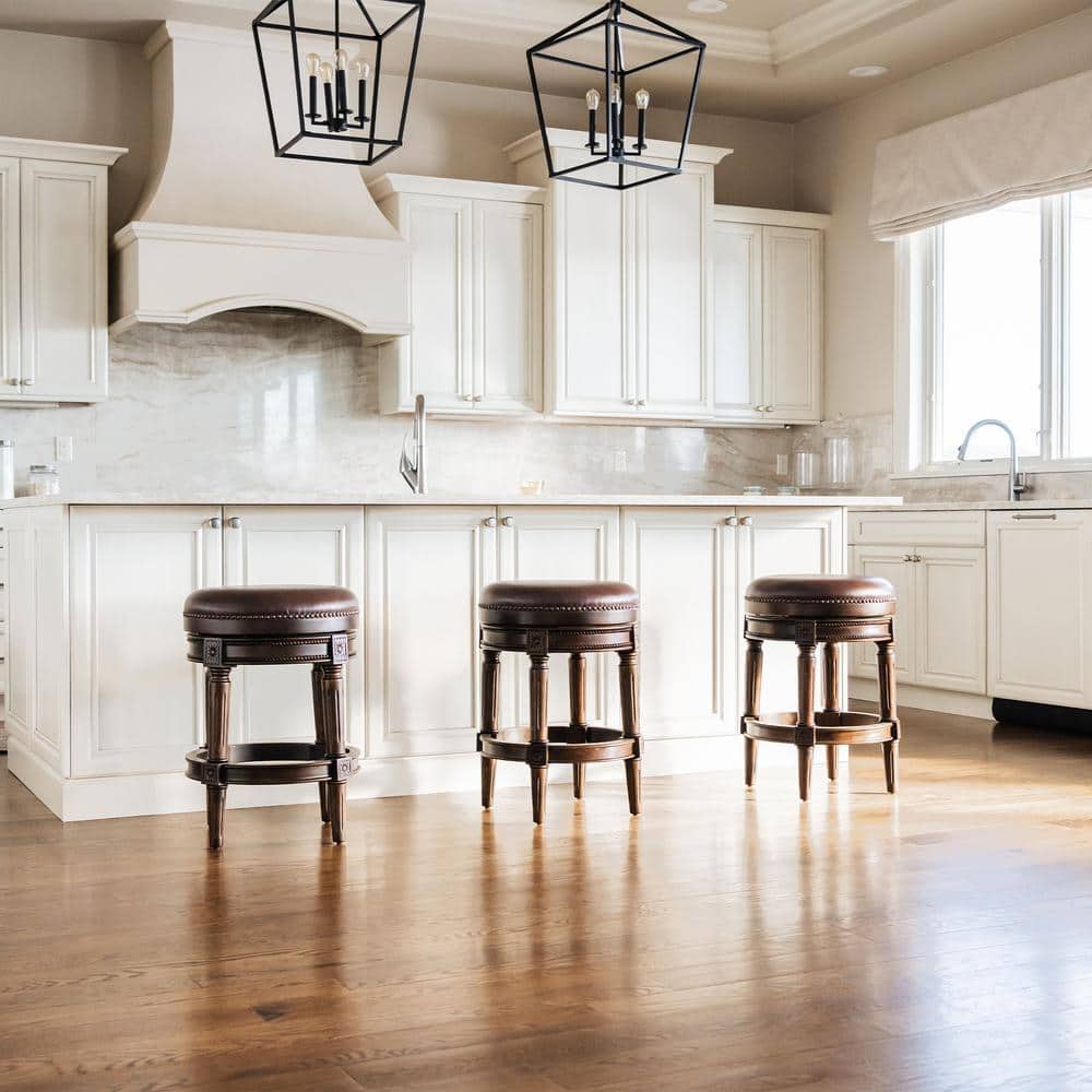 Dark Walnut Backless Swivel Counter Stool with Leather Seat