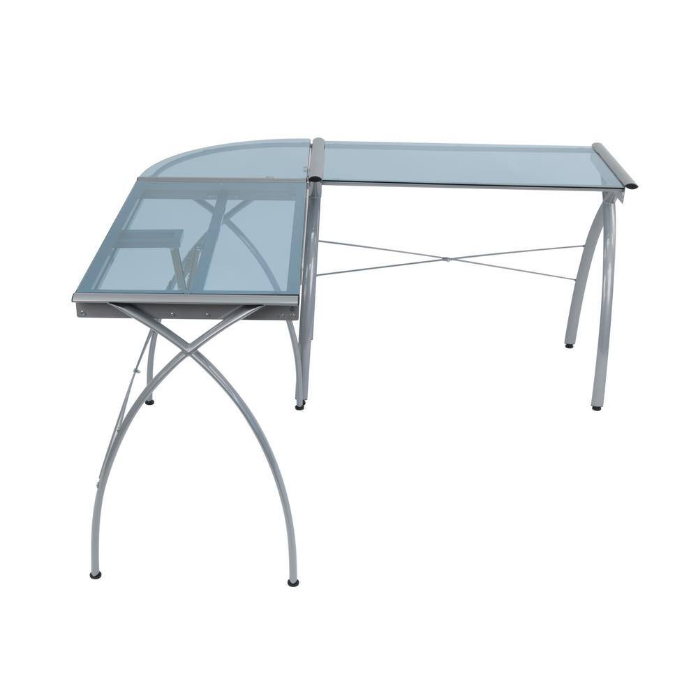 Futura L-Shaped Silver and Blue Glass Drafting Desk