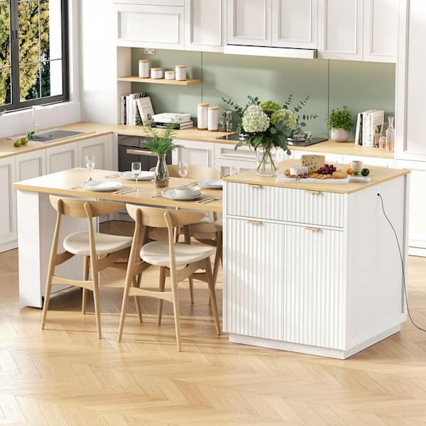 Cesicia Farmhouse White Wood 82.6 in. Kitchen Island Power Outlet Extendable Dining Table with 2-Drawer and 2-Side Open Shelves