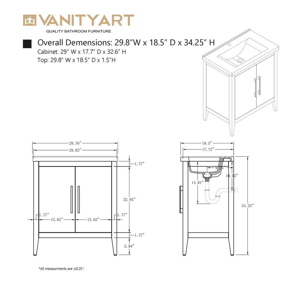 30" Cashmere Gray Single Sink Bathroom Vanity with Ceramic Top