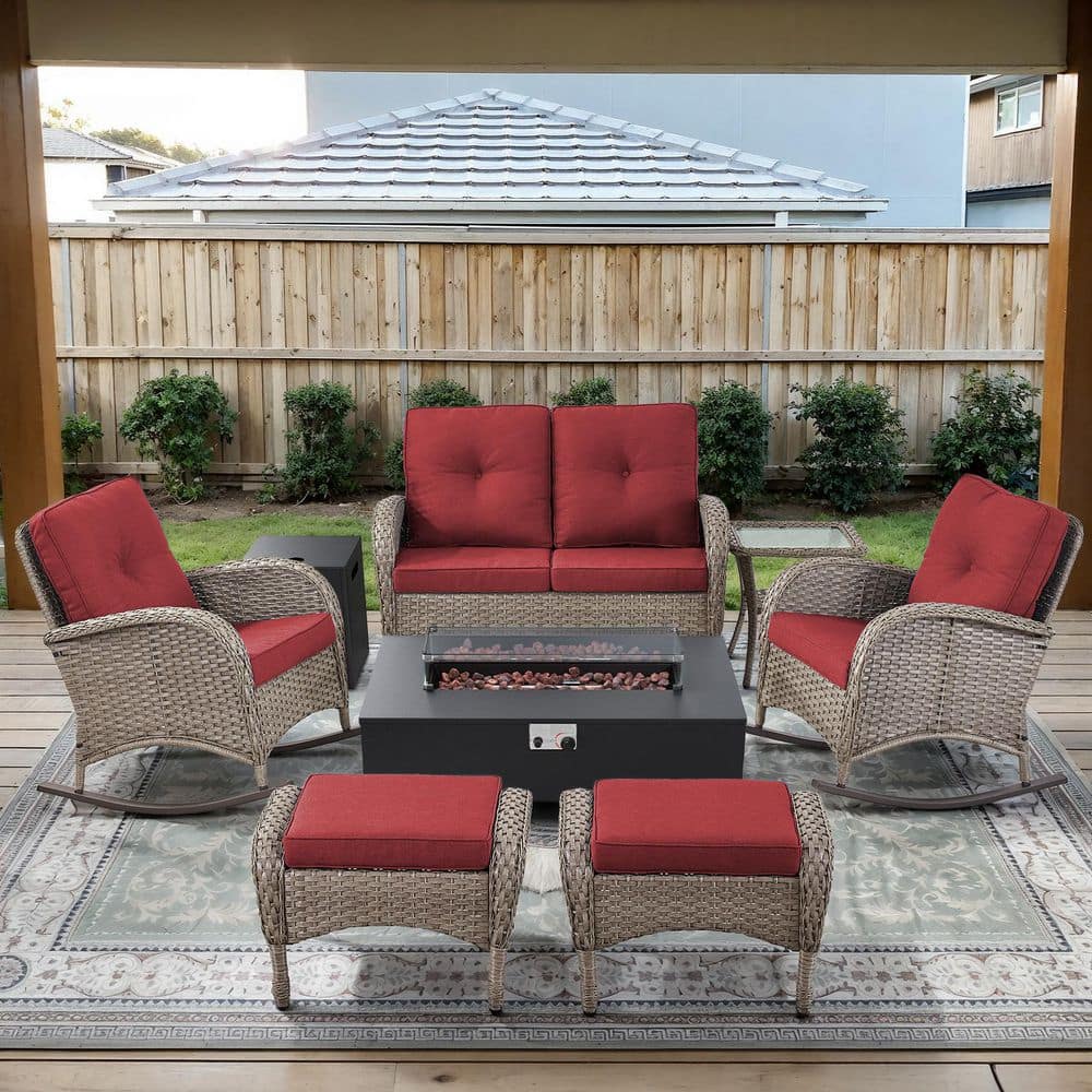 Gray 7-Piece Wicker Patio Fire Pit Set, Loveseat Glider Seating Set with Olefin Red Cushions and Rocking chairs price history on PriceWatchPro